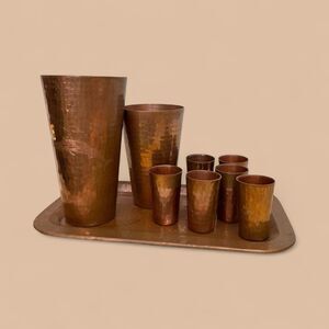 Sertodo Hammered Copper Bar Set Mexico Pitchers Tray Cups Vintage MCM